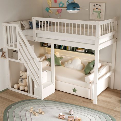 Lit mezzanine en bois blanc 90x200 cm avec escalier de rangement intégré