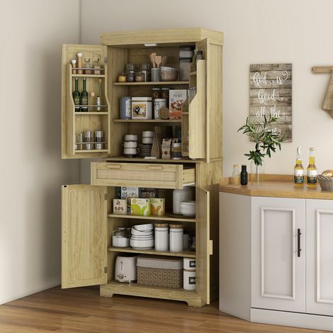 Buffet de cuisine style bohème avec 2 placards, un tiroir et un porte-épices en bois et rotin, 76 x 40 x 183 cm, chêne (1/5)