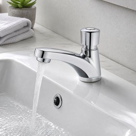 Robinet temporisé à pression eau froide, corps en alliage chromé, avec aérateur anti-éclaboussures, idéal pour sanitaires publics (1/5)