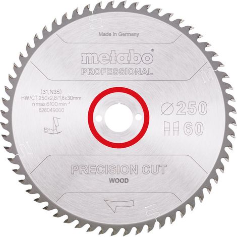 Metabo Sägeblatt precision cut wood - professional 250x2,8/1,8x30, Z60, Spanwinkel 15°, Wechselzahn