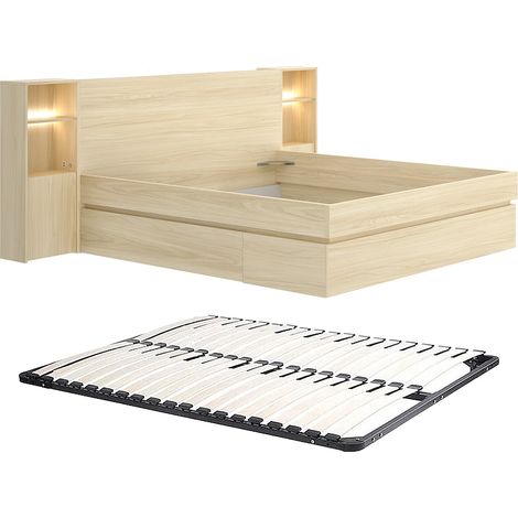 Lit avec chevets et rangements 160 x 200 cm – Avec LEDs et port USB – Coloris : Naturel clair + Sommier - LARONIA (1/5)