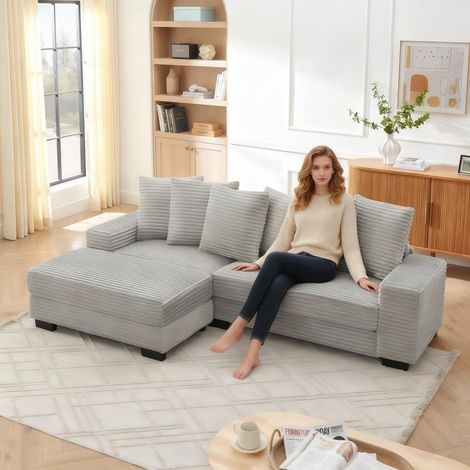 256,5 133,5 cm Canapé d'angle en L, canapé 4 Places avec 6 Coussins, Velours côtelé Classique Canapés pour Salons, Appartements (Gris) (1/5)
