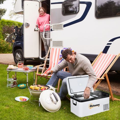 Congélateur de compresseur portable 18L 12/24V pour voiture jusqu'à -20℃ avec LED, poignées pliantes 58.5x33.5x29.2 cm Blanc
