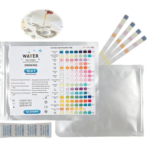 Bandelettes De Test D’eau Potable 16-en-1 Pour Analyse De La Qualité De L’eau – Testeur Multi-paramètres Pour Dureté Globale, Plomb, Cuivre, Nitrates, Nitrites, Chlore Total, PH Et Autres (1/5)