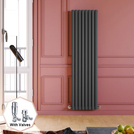 ELEGANT 1800 x 480 mm Anthracite Vertical Column Radiator Double Oval Panel Designer Bathroom Radiator + Chrome Thermostatic Radiator Valves (1/5)