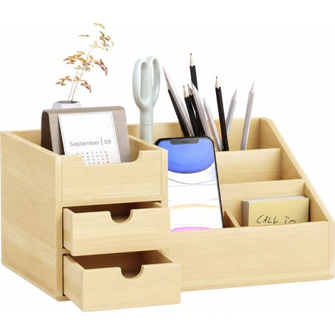 Organiseur de bureau en bambou avec 2 tiroirs et 7 compartiments de rangement, 33 x 20,5 x 15,5 cm (1/5)