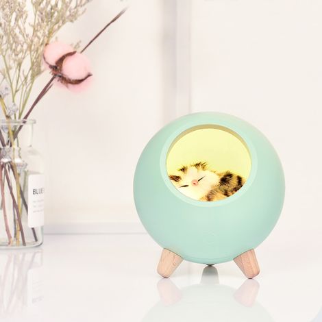 Lámpara de noche con forma de gato, casita para mascotas pequeñas, lámpara de noche LED verde