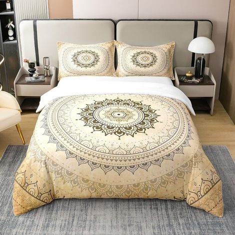 Boho Mandala 100% Coton Housse de Couette 200x200cm Enfants bohème Style Hippie Ensemble Mandala Parure de lit Coton Ensemble Housse de Couette Or Exotique Fleurs imprimées Literie - 200 x 200 cm + 2 (1/5)