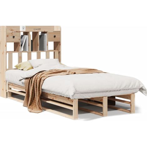 Lit simple  Lit adulte  Lit bibliothèque sans matelas 90x190 cm bois de pin massif