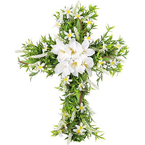 Seidenlilienkranz mit weißen Lilien, grünen Blättern und Gänseblümchen – Türkranz für die Frühlings- und Weihnachtszeit, Fenster- und Wanddekoration (1/2)