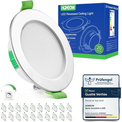 Lot de 20 Spot LED Encastrable Dimmable 5W, Spot LED Encastrable 68mm - 80mm Découpe, Blanc Chaud 2700K Blanc Neutre 4000K Blanc Froid 6000K Réglable Spot Salle de Bain IP44 pour Salon Cuisine (1/5)