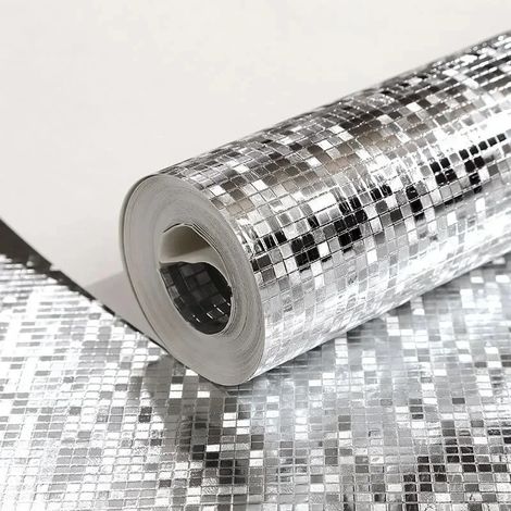(Argent, 53 cm x 9,5 m) Papier peint effet miroir scintillant, mini mosaïque métallisée à paillettes dorées, décoration murale de fond. (1/5)