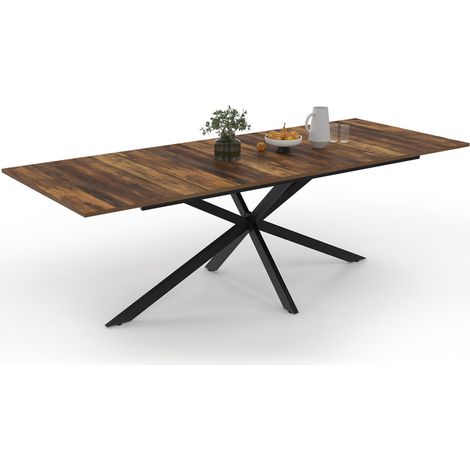 Table à manger extensible rectangle ALIX avec rangement 10-12 personnes pied araignée bois foncé et noir 200-240 cm