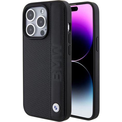 Coque rigide BMW BMHCP15L22RDPK pour iPhone 15 Pro 6,1" noire, en cuir texturé et rayé.