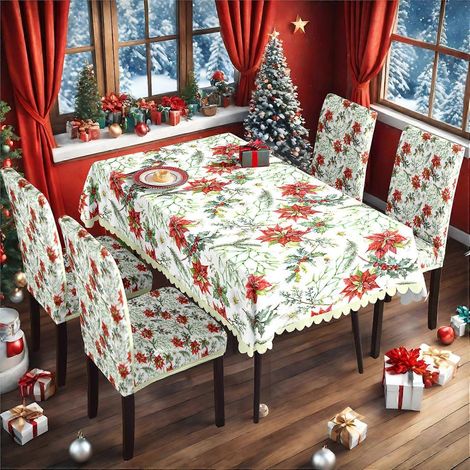 Ensemble de nappe et housse de chaise de Noël en soie de lait imperméable, imprimé, référence TC-246 (140 x 210 cm).