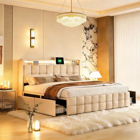 Lit double adulte 160x200 cm avec 4 tiroirs, tête de lit avec 2 prises électriques et 2 ports USB, éclairage LED télécommandé (1/5)