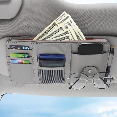 Organizer per auto e aletta parasole, 31 x 15,5 cm, in pelle, porta occhiali da sole, porta carte di credito - borsa multifunzionale per interni auto (1/5)
