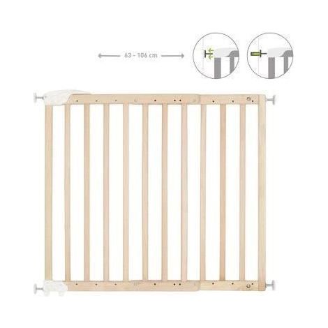 Barrière de sécurité extensible 63-106 cm – Bois et métal – Fixation par pression ou vissage – Poignée ergonomique – Installation facile – Badabulle (1/10)