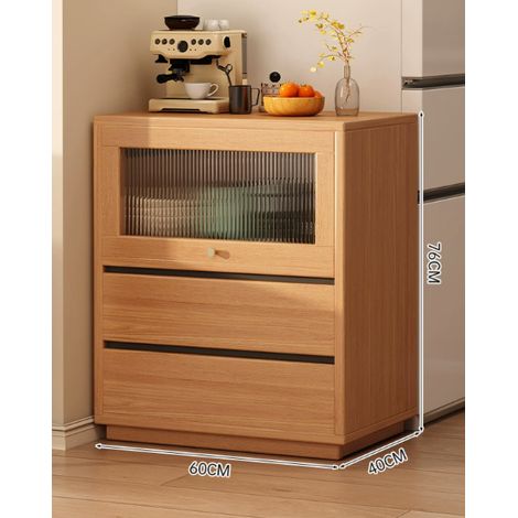 Buffet bas de cuisine bois naturel, meuble de rangement avec étagères ouvertes, tiroirs abattants, portes acryliques, structure à grain bois pour salon et cuisine, grand espace de stockage (1/5)