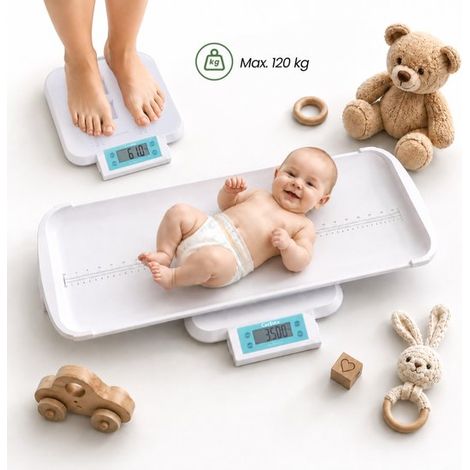 Pèse‑bébé numérique – Jusqu’à 120 kg – Mesure de longueur intégrée – Fonctions verrouillage et tare – Écran LCD (1/5)