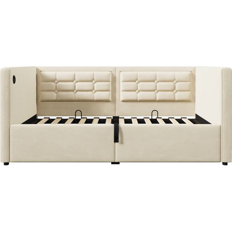 Polsterbett 90x200 cm beige aus Samt mit USB-/Typ-C-Ladestation, ohne Matratze (1/5)