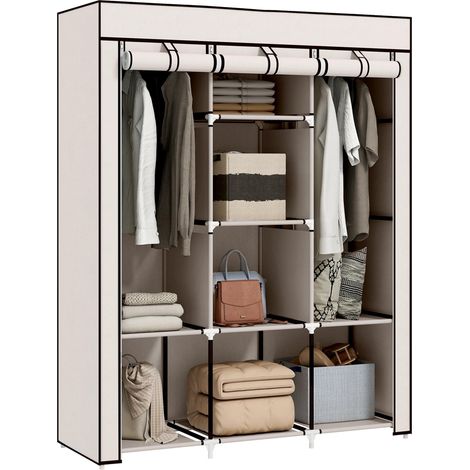 Meuble suspendu multifonction avec 8 étagères et 2 barres, en tissu non tissé gris clair, design pratique et gain de place, idéal pour dressing ou chambre