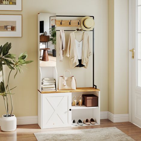 Puluomis – Portemanteau avec banc et miroir – Meuble à chaussures 90 x 30 x 170 cm – Cadre en métal, bois naturel et blanc, style industriel (1/5)