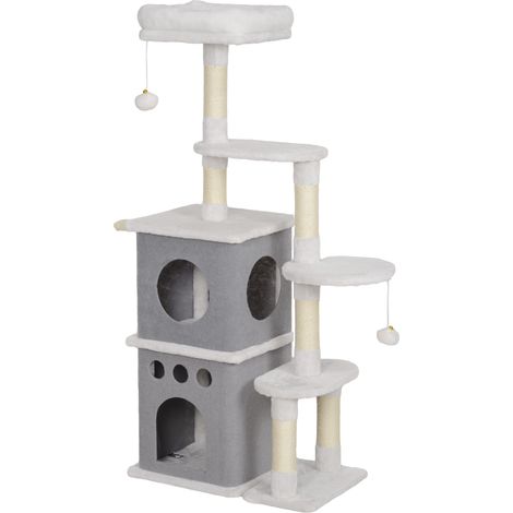 Arbre à chat 126 cm avec nids, plateformes, balles suspendues et poteaux en sisal couleur crème (1/5)