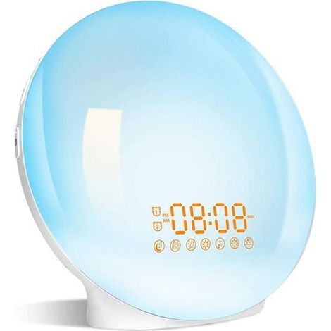 Radio Reveil Matin Lumière Lumineux LED Lampe de Chevet avec 20 Luminosité Simulateur d'Aube et Aide-Sommeil Veilleuse 7 Sons (1/2)