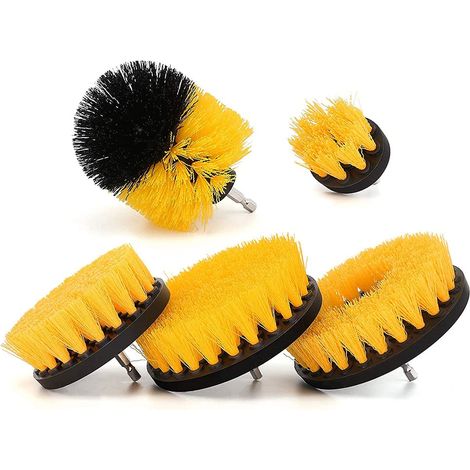Lot de 5 brosses à récurer pour perceuse, Ensemble de Brosse de Nettoyage pour moquette, voiture, salle de bain, tapisserie, joint, carrelage, évier, douche, bateau, coin, Toilettes Jaune (1/5)