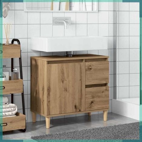 Armoire lavabo - 857121 - chêne artisanal - 65 x 33 x 60 cm - bois d'ingénierie & eucalyptus massif (1/5)