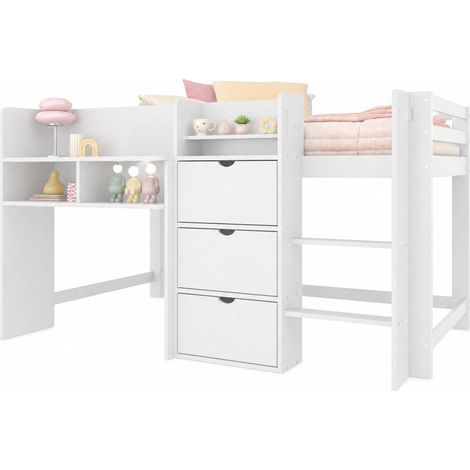 Cama alta 90x200 cm en forma de casa con estantes abiertos y tres compartimentos cerrados, escalera segura y almacenamiento para niño, blanca - CHICFURN (1/5)