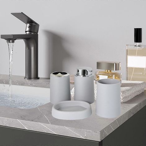 Ensemble d'accessoires de salle de bain Lmueinov 4 pièces avec distributeur de savon, brosse à dents, gobelet et porte-savon - Articles de salle de bain en liquidation (1/5)