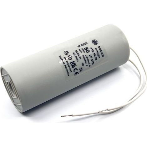 Ducati Energia – Condensateur permanent 50µF – Ø45x117mm – Longueur de fils 150mm – Compatible moteurs monophasés 220V – Homologué VDE EN60252-1
