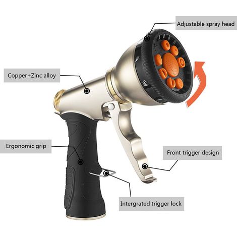 Pistolet 9 fonctions en alliage zinc finition mate – Outil tuyau de jardin haute pression, confort et style