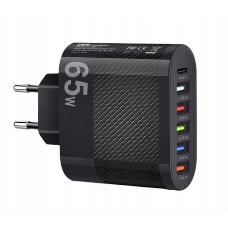 Caricabatterie USB PD NERO 65W 5x USB A (10W ciascuno) + 1x USB C (15W) Pd = 6 porte (1/5)