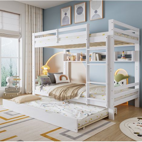 Lit superposé 205x95x150 cm en bois blanc, rangement gain de place, sans matelas – MEUBLIV (1/5)