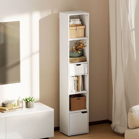 Estantería con 6 baldas, ajustable en 3 niveles, con cajón, puerta de armario, balda personalizable, estante de exposición, color blanco. (1/5)