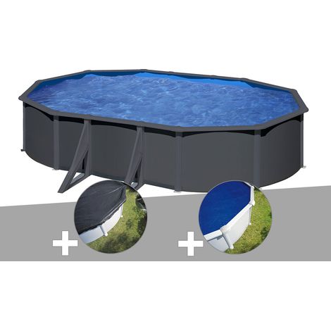 Kit piscine acier gris anthracite Gré Louko ovale 5,27 x 3,27 x 1,22 m + Bâche d'hivernage + Bâche à bulles