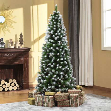 Sapin de Noël enneigé 180 cm, 630 branches, 37 pommes de pin, plastique et métal, vert et blanc (1/5)