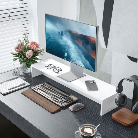 Rehausseur écran PC bureau support d'écran d'ordinateur de 100 cm support moniteur avec deux compartiments, blanc (1/5)