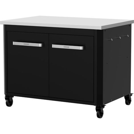 Cozze® Cucina da esterno bassa H70 cm con piano in acciaio inox Altezza ideale per plancha 2 ante 2 ripiani fissi 6 ganci 4 ruote Ø75 mm Struttura in acciaio verniciato Max 100 kg (1/5)