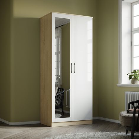 ELEGANT Wardrobe Storage 2 Doors High Gloss with Mirror Include Metal Handles and Removable Hanging Rod, Beige + White