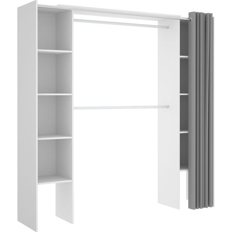 Mobimarket – Dressing extensible Dorian 110/180 cm – 10 niches et 2 penderies – Rideau gris – Panneau de particule mélaminé – Éco-responsable (1/5)