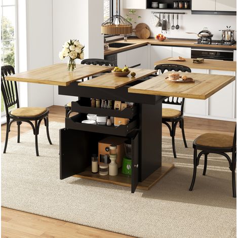 Mesa de comedor extensible 110-140x80x76 cm negra en MDF con almacenamiento y cierre suave (1/5)