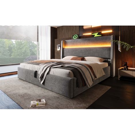 Lit coffre 180x200 cm gris en lin, tête de lit haute avec LED, USB et USB-C, rangement hydraulique, sommier à lattes en bois massif inclus, sans matelas (1/5)