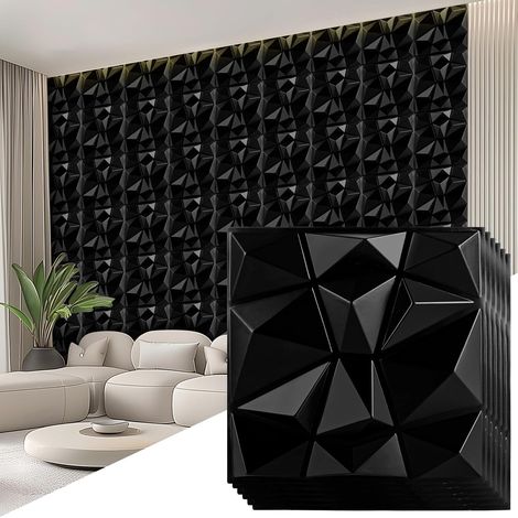 Lot de 30 panneaux muraux 3D diamant - 30 x 30 cm - Panneaux muraux 3D autocollants - Noir mat - En PVC très rigide - Durable - Décoration murale - Panneaux muraux en polystyrène (1/5)