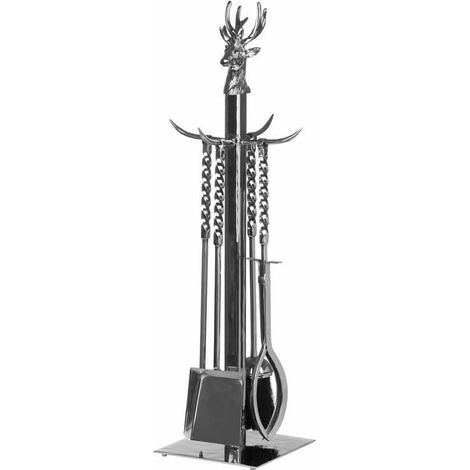 Hand Turned Stag Companion Set in Polished - Nickel - W17 x H67 cm - Silver