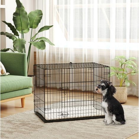 Jaula plegable para perro con 2 puertas, bandeja extraíble y cojín 75 x 48,5 x 53 cm negra DESVIAE (1/5)