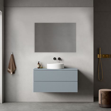 Mobile bagno sospeso cannettato 100 cm Blu Avio per Lavabo d'appoggio Specchio Quadro - Fiji Paint Top Canneté (1/4)